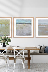 Beige muted abstract beach wall art "Crib Sheets," digital download by Victoria Primicias, decorates the dining room.