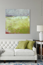 Load image into Gallery viewer, Yellow and gray abstract ocean painting &quot;Crimson Threads,&quot; digital download by Victoria Primicias, decorates the living room.
