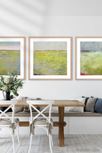 Load image into Gallery viewer, Chartreuse abstract ocean art &quot;Crimson Threads,&quot; canvas print by Victoria Primicias, decorates the dining room.
