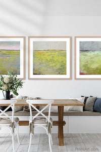 Chartreuse abstract ocean art "Crimson Threads," canvas print by Victoria Primicias, decorates the dining room.