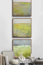 Load image into Gallery viewer, Chartreuse abstract landscape art &quot;Crimson Threads,&quot; canvas wall art by Victoria Primicias, decorates the wall.
