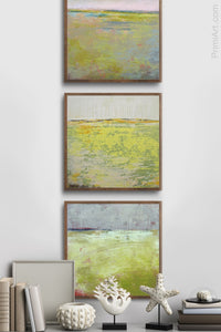 Chartreuse abstract landscape art "Crimson Threads," canvas wall art by Victoria Primicias, decorates the wall.