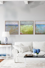 Load image into Gallery viewer, Chartreuse abstract ocean painting &quot;Crimson Threads,&quot; giclee print by Victoria Primicias, decorates the living room.
