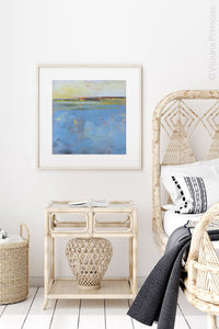 Unique abstract beach wall art "Daily Caller," downloadable art by Victoria Primicias, decorates the bedroom.
