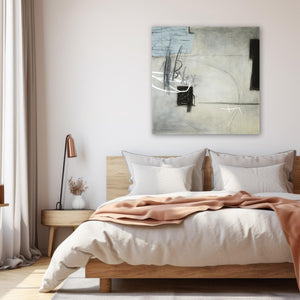 Gray neutral abstract expressionist painting in bedroom