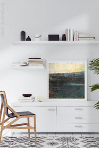 Indigo abstract beach painting "Deep End," digital print by Victoria Primicias, decorates the office.