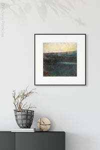 Indigo abstract ocean painting "Deep End," wall art print by Victoria Primicias, decorates the entryway.