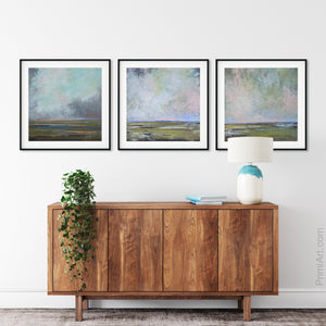 Large sky abstract landscape art "Delicate Dance," digital download by Victoria Primicias, decorates the entryway.