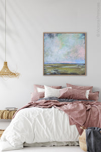 Large sky abstract landscape painting "Delicate Dance," digital download by Victoria Primicias, decorates the dining room.