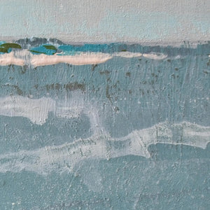 Closeup detail of teal muted abstract beach painting "Delicate Dawn," printable wall art by Victoria Primicias, decorates the 