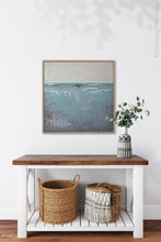 Load image into Gallery viewer, Teal muted abstract beach painting &quot;Delicate Dawn,&quot; digital print by Victoria Primicias, decorates the entryway.
