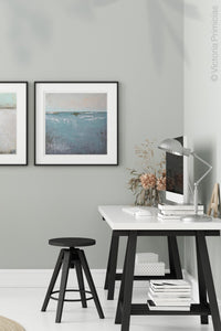 Teal muted abstract ocean painting "Delicate Dawn," digital artwork by Victoria Primicias, decorates the office.