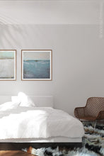 Load image into Gallery viewer, Teal muted abstract beach painting &quot;Delicate Dawn,&quot; digital download by Victoria Primicias, decorates the bedroom.
