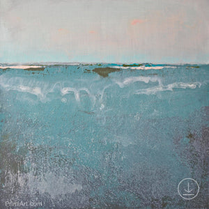 Teal muted abstract beach painting "Delicate Dawn," digital art by Victoria Primicias