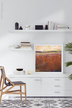 Load image into Gallery viewer, Red abstract coastal wall decor &quot;Domino Shores,&quot; digital download by Victoria Primicias, decorates the office.
