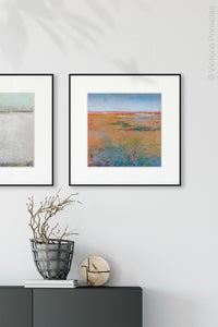 Colorful abstract coastal wall decor "Dusty Sunrise," printable wall art by Victoria Primicias, decorates the entryway.