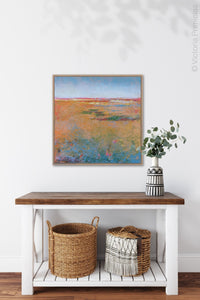 Colorful abstract coastal wall decor "Dusty Sunrise," printable wall art by Victoria Primicias, decorates the hallway.
