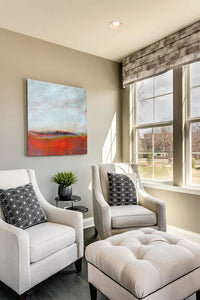 Square abstract seascape painting"End of August," digital download by Victoria Primicias, decorates the living room.