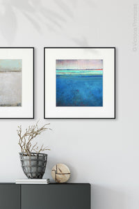 Blue impressionist abstract beach wall art "Evening Veil," digital download by Victoria Primicias, decorates the entryway.