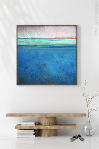 Blue impressionist abstract beach wall art "Evening Veil," digital download by Victoria Primicias, decorates the hallway.