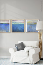 Load image into Gallery viewer, Blue impressionist abstract beach wall decor &quot;Evening Veil,&quot; digital download by Victoria Primicias, decorates the living room.
