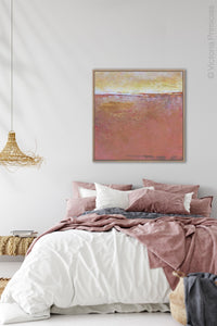Red orange abstract beach art "Fading Beauty," digital artwork by Victoria Primicias, decorates the bedroom.
