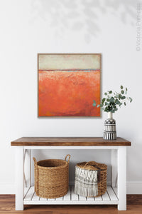 Square abstract beach wall decor "Fading Light," printable wall art by Victoria Primicias, decorates the entryway.