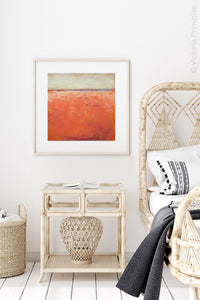 Square abstract beach wall decor "Fading Light," printable wall art by Victoria Primicias, decorates the bedroom.