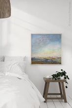 Load image into Gallery viewer, Square abstract beach painting &quot;Faraway Nearby,&quot; fine art print by Victoria Primicias, decorates the bedroom.
