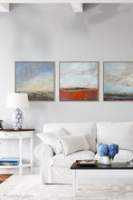 Load image into Gallery viewer, Square abstract beach painting &quot;Faraway Nearby,&quot; fine art print by Victoria Primicias, decorates the living room.
