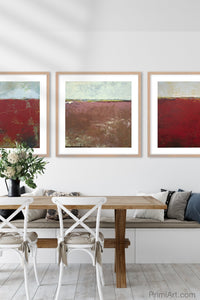 Large red abstract coastal wall art "Ferrari Run," canvas wall art by Victoria Primicias, decorates the dining room.