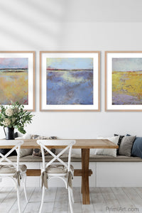 Contemporary abstract beach wall decor "Final Episode," digital download by Victoria Primicias, decorates the dining room.