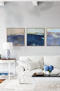 Contemporary abstract beach wall decor "Final Episode," digital artwork by Victoria Primicias, decorates the living room.