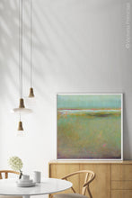Load image into Gallery viewer, Coastal abstract landscape painting &quot;Fine Margin,&quot; digital print by Victoria Primicias, decorates the dining room.
