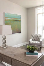 Load image into Gallery viewer, Coastal abstract landscape art &quot;Fine Margin,&quot; downloadable art by Victoria Primicias, decorates the office.
