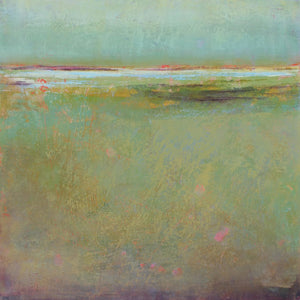Yellow-green abstract landscape painting "Fine Margin," metal print by Victoria Primicias