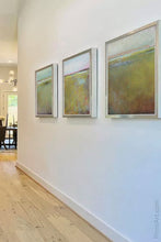 Load image into Gallery viewer, Yellow-green abstract landscape art &quot;Fine Margin,&quot; wall art print by Victoria Primicias, decorates the entryway.
