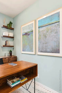 Serene abstract beach wall decor "Finnish Line," downloadable art by Victoria Primicias, decorates the office.