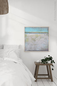 Serene abstract beach wall decor "Finnish Line," digital print by Victoria Primicias, decorates the bedroom.