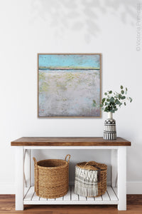 Serene abstract beach wall decor "Finnish Line," digital download by Victoria Primicias, decorates the entryway.