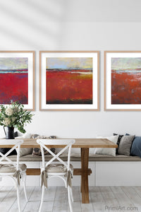 Large red abstract coastal wall decor "Fire Sea," giclee print by Victoria Primicias, decorates the dining room.