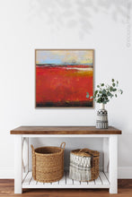 Load image into Gallery viewer, Large red abstract beach wall decor &quot;Fire Sea,&quot; wall art print by Victoria Primicias, decorates the entryway.
