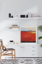 Load image into Gallery viewer, Large red abstract coastal wall decor &quot;Fire Sea,&quot; giclee print by Victoria Primicias, decorates the office.
