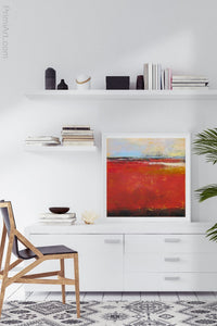 Large red abstract coastal wall decor "Fire Sea," giclee print by Victoria Primicias, decorates the office.