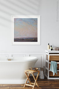 Large abstract landscape painting "Flaming June," printable wall art by Victoria Primicias, decorates the bathroom.