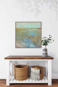 Large landscape painting "Floating Gallery," digital print by Victoria Primicias, decorates the hallway.