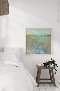 Large abstract landscape art "Floating Gallery," digital print by Victoria Primicias, decorates the bedroom.