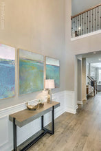 Load image into Gallery viewer, Bluegreen abstract landscape painting &quot;Frisco Bay,&quot; canvas wall art by Victoria Primicias, decorates the entryway.
