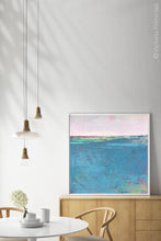 Load image into Gallery viewer, Bluegreen abstract coastal wall art &quot;Frisco Bay,&quot; fine art print by Victoria Primicias, decorates the dining room.
