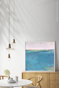 Bluegreen abstract coastal wall art "Frisco Bay," fine art print by Victoria Primicias, decorates the dining room.